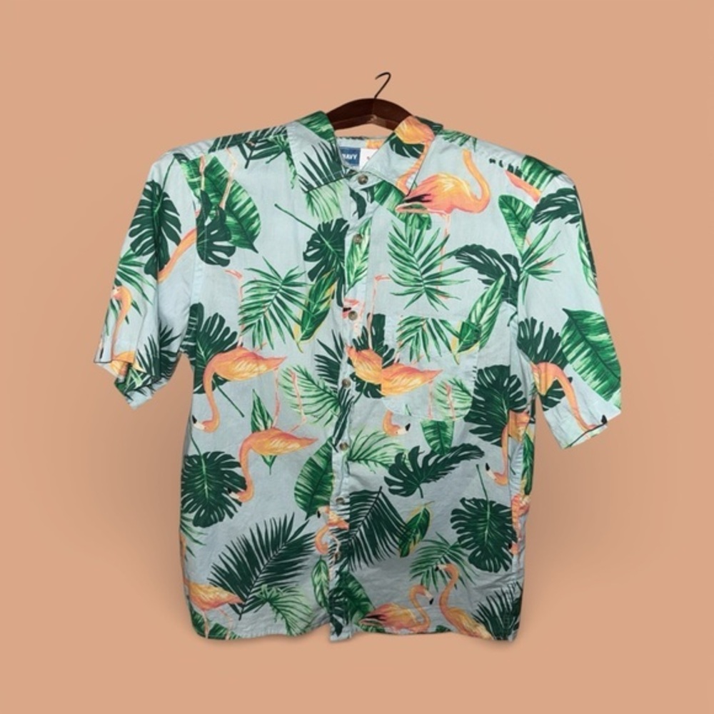 Old Navy Green Tropical Print Shirt 100% Cotton Flamingo Vacation Button Up Top